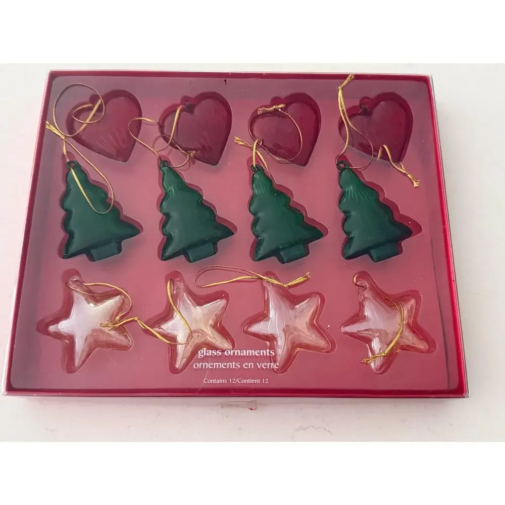 Vintage Pier 1 Glass Christmas Ornaments Set of 12, Hearts Trees and Stars, NIB